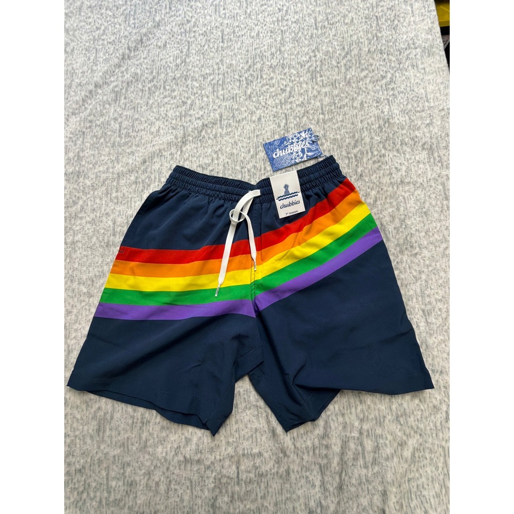 Chubbies The Harveys 7 Inch Classic Swim Trunks Navy Rainbow Stripe Small NWT